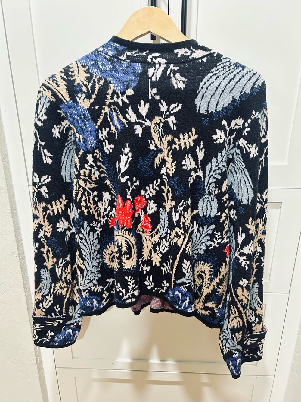 Anthropologie Floral Jacquard Cardigan in Navy, Red & Cream with Blue Accents - Picture 8 of 10
